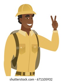 African-american traveler showing the victory gesture. Young happy traveler showing the victory sign with two fingers. Vector flat design illustration isolated on white background.