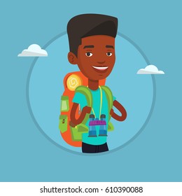 African-american traveler standing with backpack and binoculars. Traveler man enjoying recreation time. Happy traveler during trip. Vector flat design illustration in the circle isolated on background