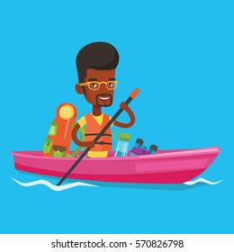 African-american traveling man riding in a kayak on the river with skull in hands and tourist equipment behind him. Happy kayaker traveling by kayak. Vector flat design illustration. Square layout.