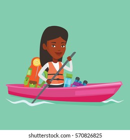 African-american traveling woman riding in a kayak on the river with skull in hands and tourist equipment behind her. Happy kayaker traveling by kayak. Vector flat design illustration. Square layout.