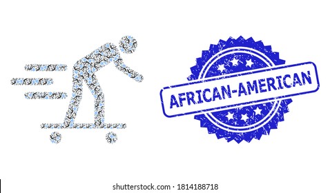 African-American unclean seal print and vector recursion mosaic scate roller man. Blue stamp seal includes African-American caption inside rosette.
