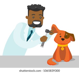 African-american veterinarian doctor examining the dog in the hospital. Veterinarian checking the ear of dog with otoscope at vet clinic. Concept of medicine and pet care. Vector cartoon illustration.