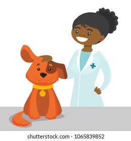 African-american veterinarian examining the dog in the hospital. Veterinarian stroking the dog at vet clinic. Concept of medicine and pet care. Vector cartoon illustration isolated on white background