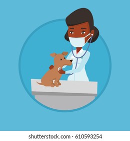 African-american veterinarian examining dog in hospital. Veterinarian checking heartbeat of dog with stethoscope. Pet care concept. Vector flat design illustration in the circle isolated on background