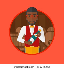 An african-american waiter standing in wine cellar. Waiter with bottle in hands standing on the background of wine barrels. Vector flat design illustration in the circle isolated on background.