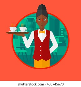 Una camarera afroamericana sosteniendo una bandeja con tazas de té o café. Joven camarera con bandeja en una cafetería. Ilustración de diseño plana vectorial en el círculo aislado en el fondo.
