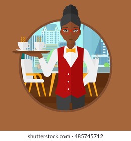 An african-american waiteress holding a tray with cups of tea or coffee. Young waitress with tray in a coffee shop. Vector flat design illustration in the circle isolated on background.