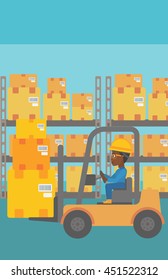 An african-american warehouse worker loading cardboard boxes. Forklift driver at work in storehouse. Warehouse worker driving forklift at warehouse. Vector flat design illustration. Vertical layout.