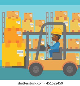 An african-american warehouse worker loading cardboard boxes. Forklift driver at work in storehouse. Warehouse worker driving forklift at warehouse. Vector flat design illustration. Square layout.