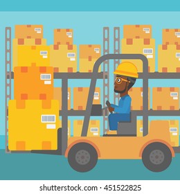 An african-american warehouse worker loading cardboard boxes. Forklift driver at work in storehouse. Warehouse worker driving forklift at warehouse. Vector flat design illustration. Square layout.
