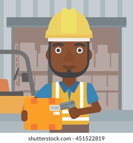 An african-american warehouse worker scanning barcode on box. Warehouse worker checking barcode of box with a scanner. Man in hard hat with scanner. Vector flat design illustration. Square layout.