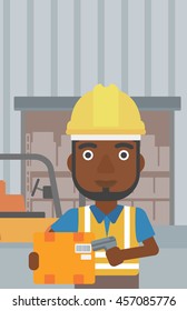 An african-american warehouse worker scanning barcode on box. Warehouse worker checking barcode of box with a scanner. Man in hard hat with scanner. Vector flat design illustration. Vertical layout.