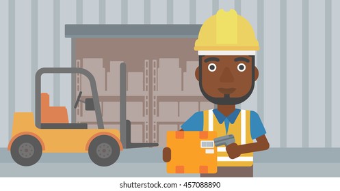 An african-american warehouse worker scanning barcode on box. Warehouse worker checking barcode of box with a scanner. Man in hard hat with scanner. Vector flat design illustration. Horizontal layout.