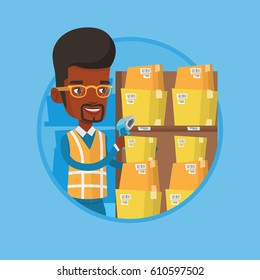 African-american warehouse worker scanning barcode on boxes with scanner. Warehouse worker checking barcode of boxes with scanner. Vector flat design illustration in the circle isolated on background.