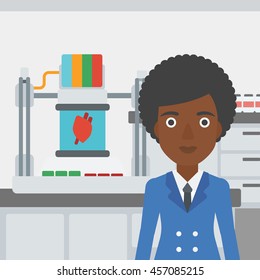 An african-american woman  with 3D printer making a heart on the background of laboratory. Woman working with 3D printer. Vector flat design illustration. Square layout.