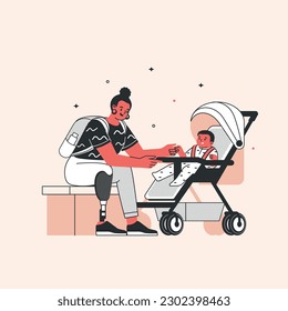 An African-American woman with a baby in a stroller on a stroll. Motherhood. Disability. Prosthetic leg.