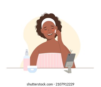 African-American woman beauty blogger records  masterclass to share it on social networks.  She puts cosmetic cream on her face.   Flat vector illustration.