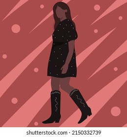 An African-American woman in a black puffy dress. Portrait of a girl. Vector flat trend illustration. Country style boots