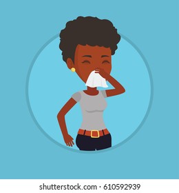 African-american woman blowing her nose to paper napkin. Sick woman sneezing. Woman having an allergy and blowing nose to a tissue. Vector flat design illustration in the circle isolated on background