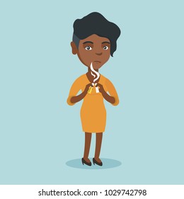 African-american woman breaking a cigarette. Young woman holding a broken cigarette. Concept of quit smoking and healthy lifestyle. Vector cartoon illustration. Square layout.