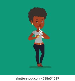 An african-american woman breaking the cigarette. Young woman crushing cigarette. Sad woman holding broken cigarette. Quit smoking concept. Vector flat design illustration. Square layout.