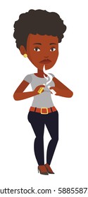 An african-american woman breaking the cigarette. Young woman crushing cigarette. Sad woman holding broken cigarette. Quit smoking concept. Vector flat design illustration isolated on white background