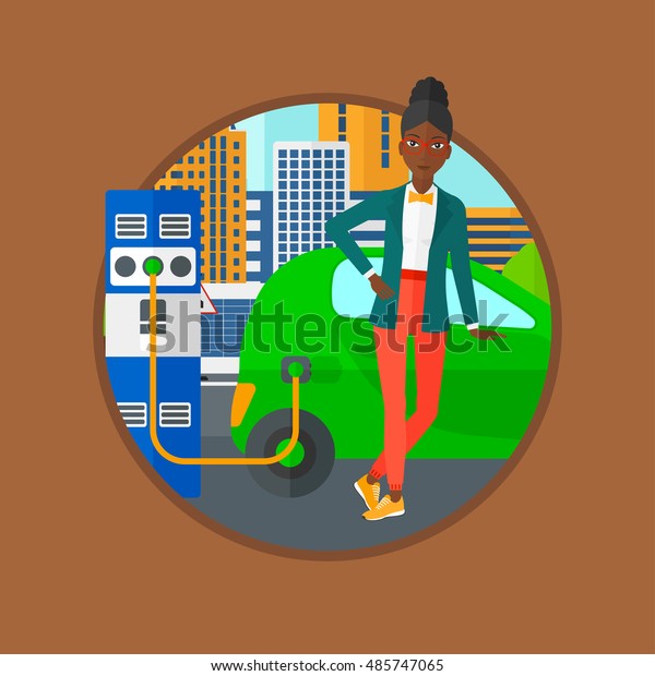 An african-american woman charging electric\
car at charging station. Woman standing near power supply for\
electric car charging. Vector flat design illustration in the\
circle isolated on\
background.