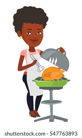 Uma mulher afro-americana cozinhando frango em churrasco. Mulher fazendo churrasco. Mulher preparando frango na churrasqueira. Ilustração de design plano vetorial isolada sobre fundo branco.