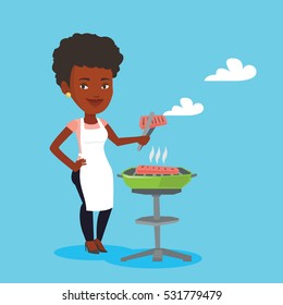 An african-american woman cooking steak on the barbecue grill. Young smiling woman preparing steak on the barbecue grill. Woman having outdoor barbecue. Vector flat design illustration. Square layout.