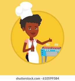 African-american woman cooking steak on the barbecue grill outdoor. Woman cooking steak on gas barbecue grill and giving thumb up. Vector flat design illustration in the circle isolated on background.