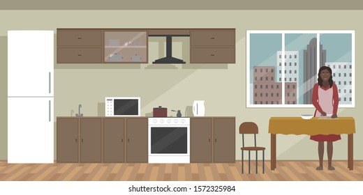 African-American woman cut vegetables with knife on table. Vector illustration.