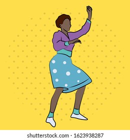 An African-American woman dancing. Isolated image on yellow background with circles. Silhouette of an adult woman in a retro suit with a short haircut. Rock and roll dancing and pop art