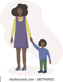 An African-American woman with dark skin is walking around holding the hand of her little son. Motherly love. The concept of family values. Vector flat design.