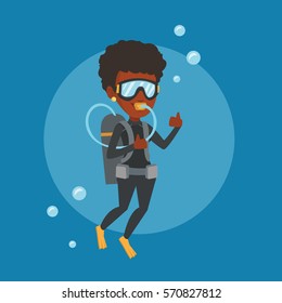 African-american woman diving with scuba and showing ok sign. Young woman in diving suit snorkeling and giving thumb up. Woman enjoying the dive. Vector flat design illustration. Square layout.