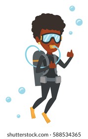 African-american woman diving with scuba and showing ok sign. Woman in diving suit snorkeling and giving thumb up. Woman enjoying the dive. Vector flat design illustration isolated on white background