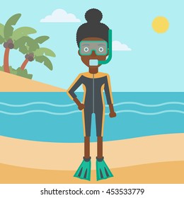 An african-american woman in diving suit, flippers, mask and tube standing on the beach. Female scuba diver on the beach. Woman enjoying snorkeling. Vector flat design illustration. Square layout.