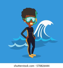 African-american woman in diving suit, flippers, mask and tube standing on the background of wave. Diver enjoying snorkeling. Diver ready for snorkeling. Vector flat design illustration. Square layout