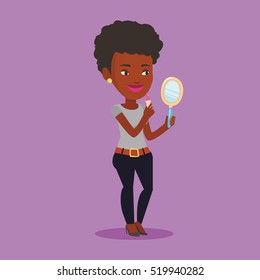 African-american woman doing makeup and looking in hand-mirror. Woman rouge lips with lipstick. Young woman paints her lips. Woman applying lips makeup. Vector flat design illustration. Square layout