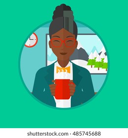 African-american woman drinking hot flavored coffee. Young smiling woman with cup of coffee. Woman enjoying fresh coffee at home. Vector flat design illustration in the circle isolated on background.
