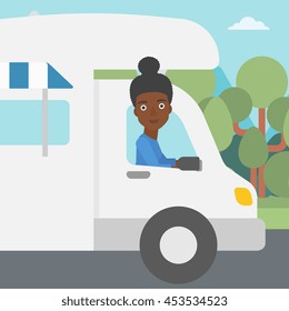 An african-american woman driving a motor home in the forest. Woman travelling by camper van. Vector flat design illustration. Square layout.