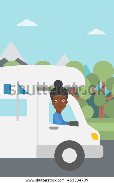 An african-american woman driving a motor home in\
the forest. Woman travelling by camper van. Vector flat design\
illustration. Vertical\
layout.