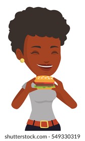 African-american woman eating hamburger. Happy woman with eyes closed biting hamburger. Young woman is about to eat delicious hamburger. Vector flat design illustration isolated on white background.
