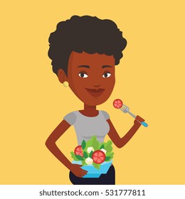 An african-american woman eating healthy vegetable salad. Young woman enjoying fresh vegetable salad. Woman holding fork and bowl with vegetable salad. Vector flat design illustration. Square layout.