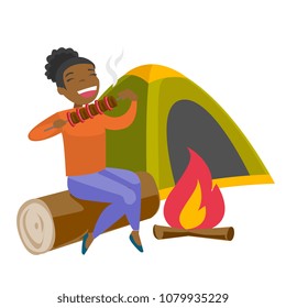 African-american woman enjoying camping picnic and roasting shashlik over the campfire in nature on the background of tent. Concept of camping. Vector cartoon illustration isolated on white background