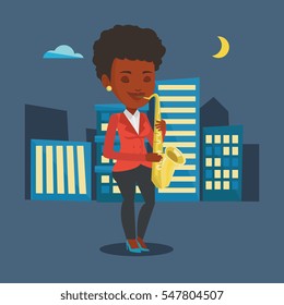 An african-american woman with eyes closed playing on saxophone in the night. Musician playing on saxophone. Musician with saxophone in the city street. Vector flat design illustration. Square layout.