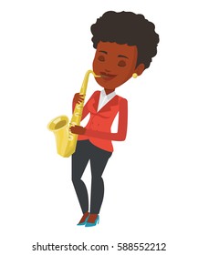 African-american woman with eyes closed playing on saxophone. Young musician playing on saxophone. Happy smiling musician with saxophone. Vector flat design illustration isolated on white background.