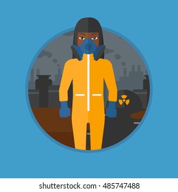 An african-american woman in gas mask and radiation protective suit standing on a background of nuclear power plant. Vector flat design illustration in the circle isolated on background.