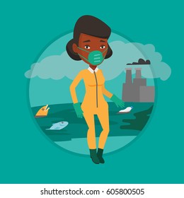 African-american woman in gas mask standing on the background of nuclear power plant. Scientist wearing radiation protection suit. Vector flat design illustration in the circle isolated on background.