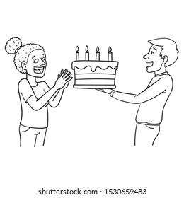 An African-American woman is given a birthday cake and is very happy. poc, comic, character, gift.