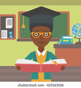 An african-american woman in graduation cap with an open book in hands on the background of classroom vector flat design illustration. Square layout.